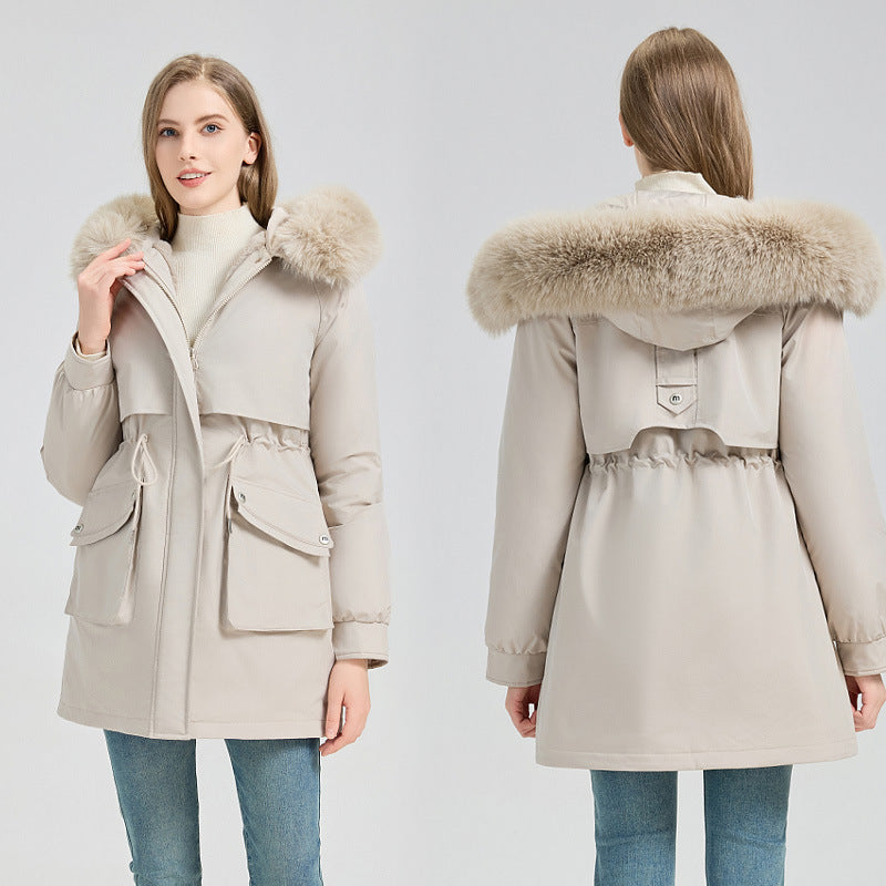 Damen Modische Pufferjacke mit abnehmbarem Kunstpelzkragen und funktionalen Taschen R&B