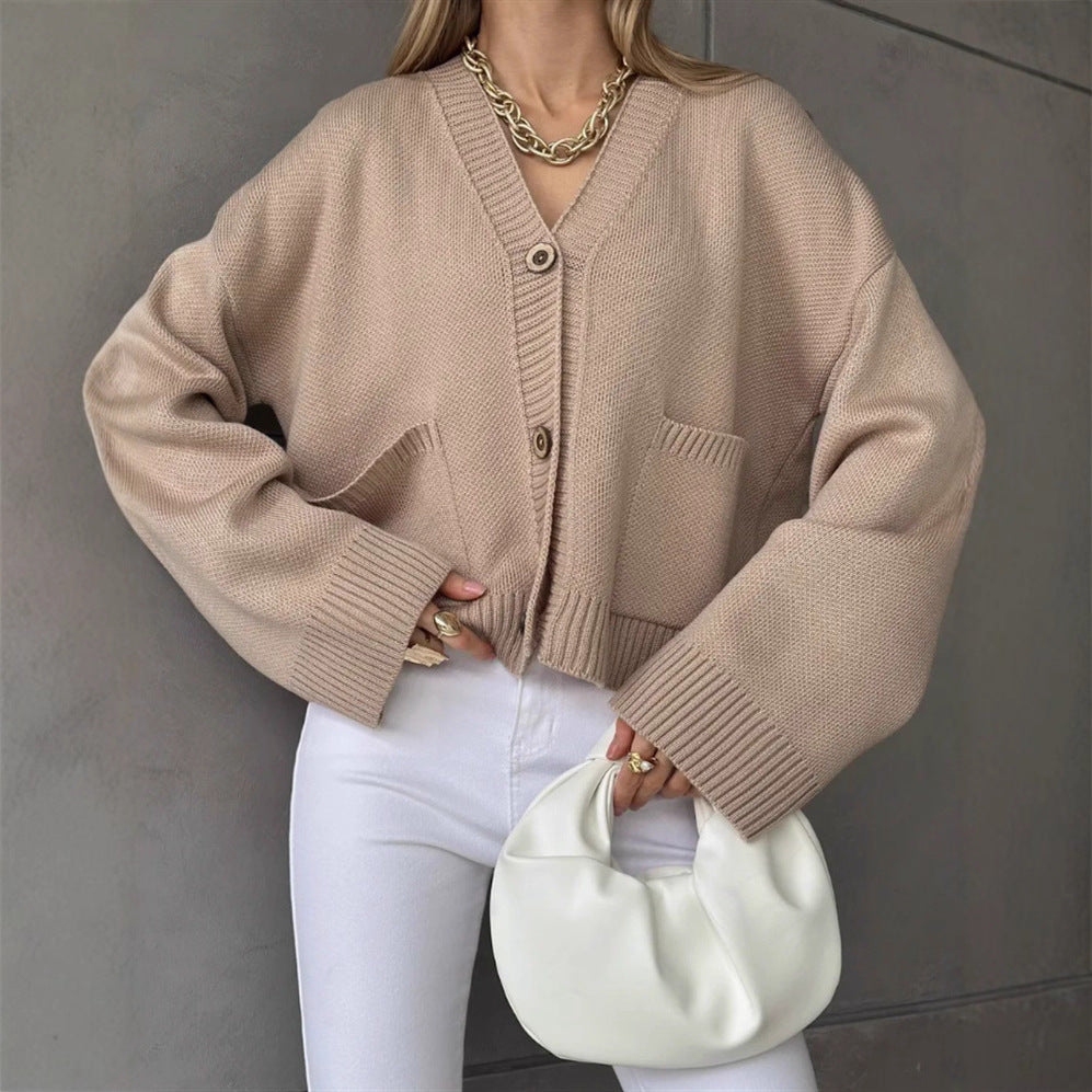 Strickjacke Damen lässig mit Knopfverschluss und großen Taschen