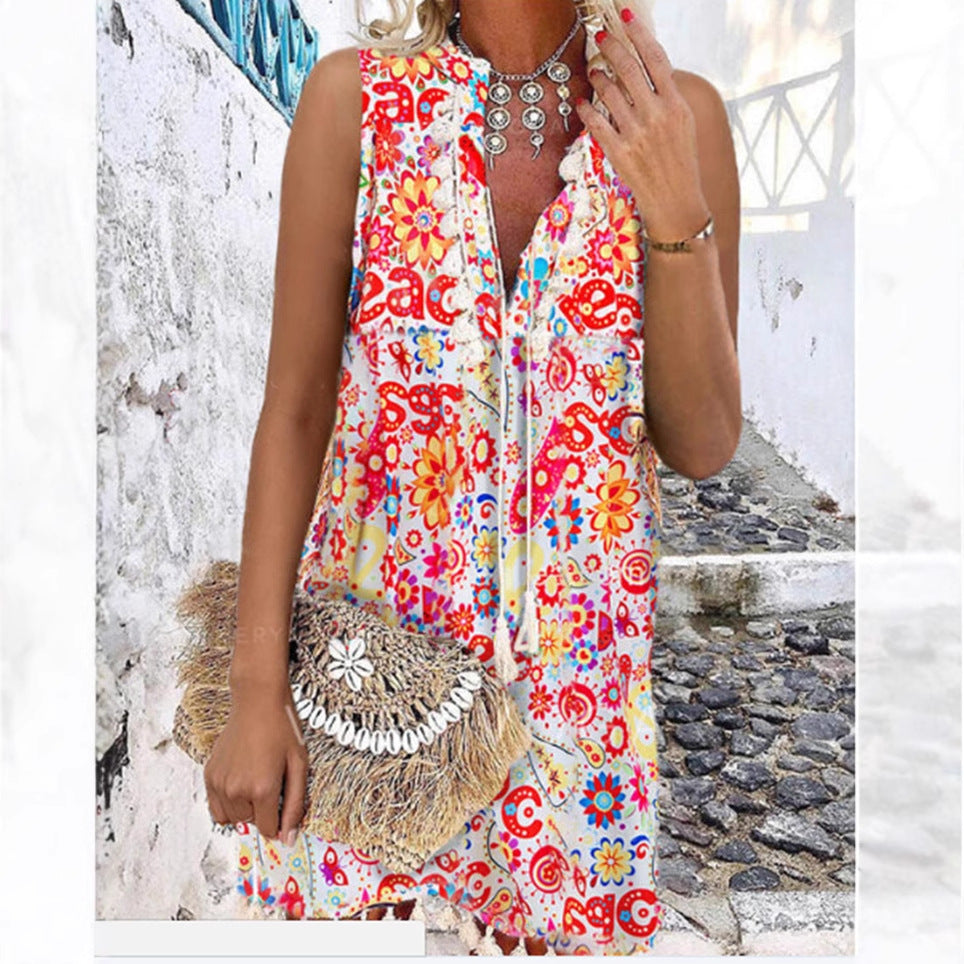 Damen luftiges Strandkleid mit dekorativen Fransen und floralem Muster R&B