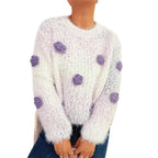 Damen gemütlicher, fluffiger Pullover mit verspielten Blumenapplikationen R&B