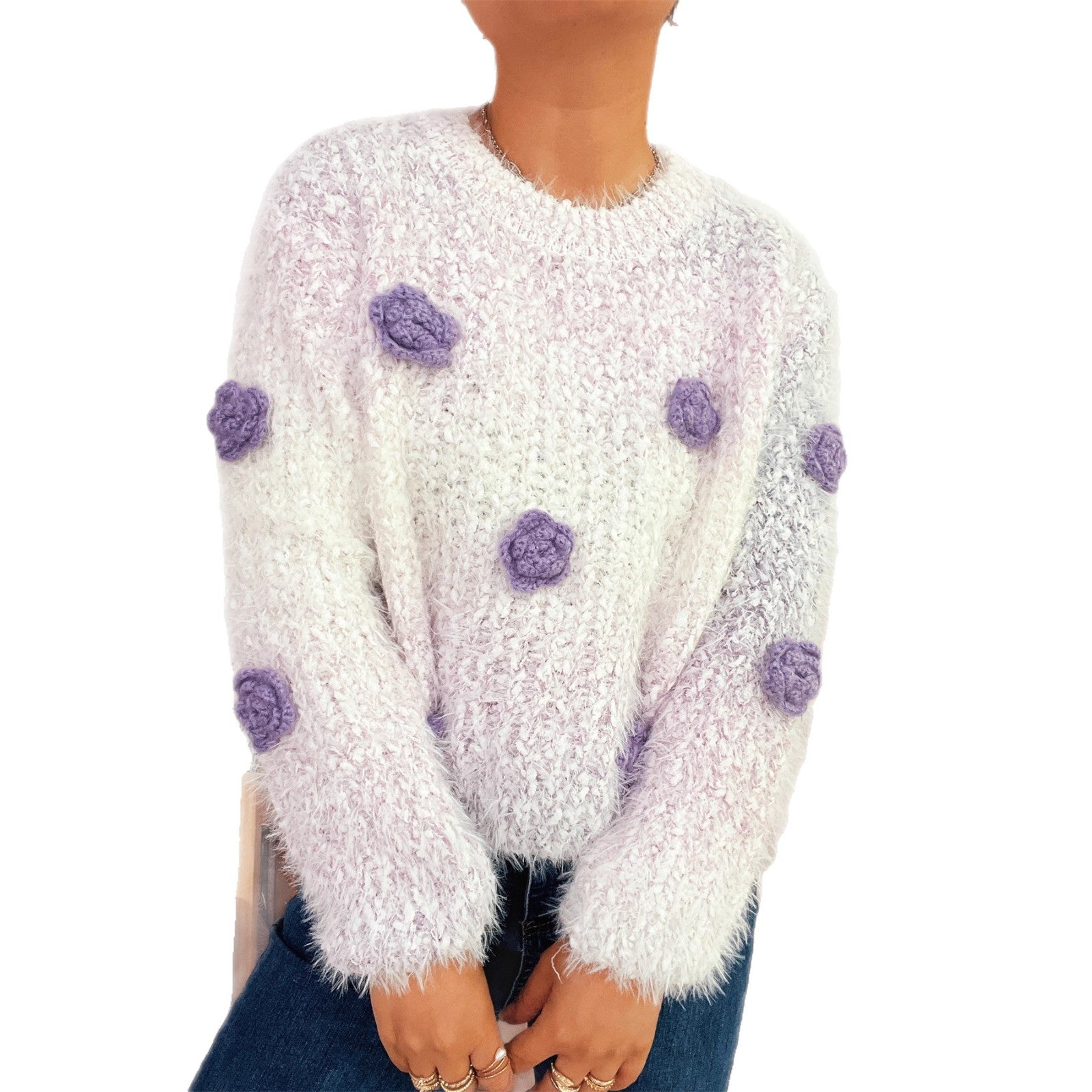 Damen gemütlicher, fluffiger Pullover mit verspielten Blumenapplikationen R&B