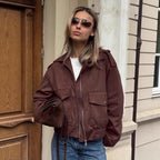 Damen Modische Suede Bomberjacke mit praktischen Taschen und Reißverschluss R&B