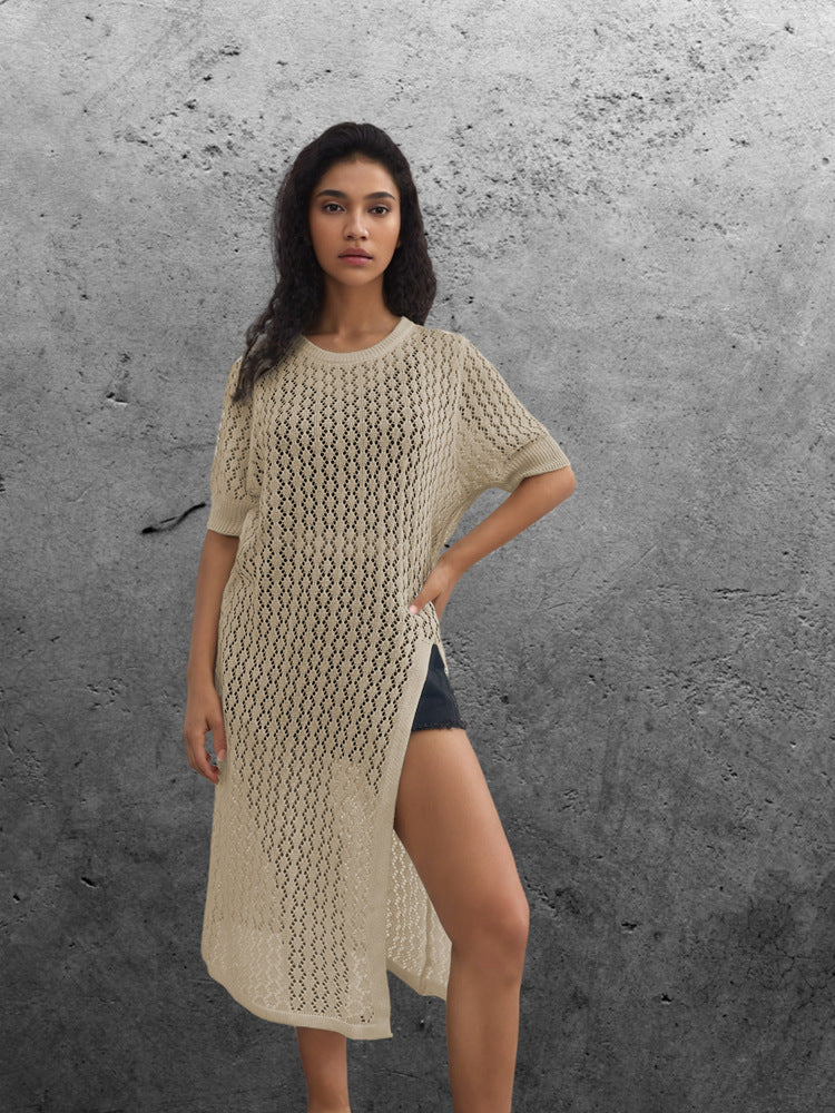 Damen Langer Strick-Kimono mit offenem Design und atmungsaktiver Maschenstruktur R&B