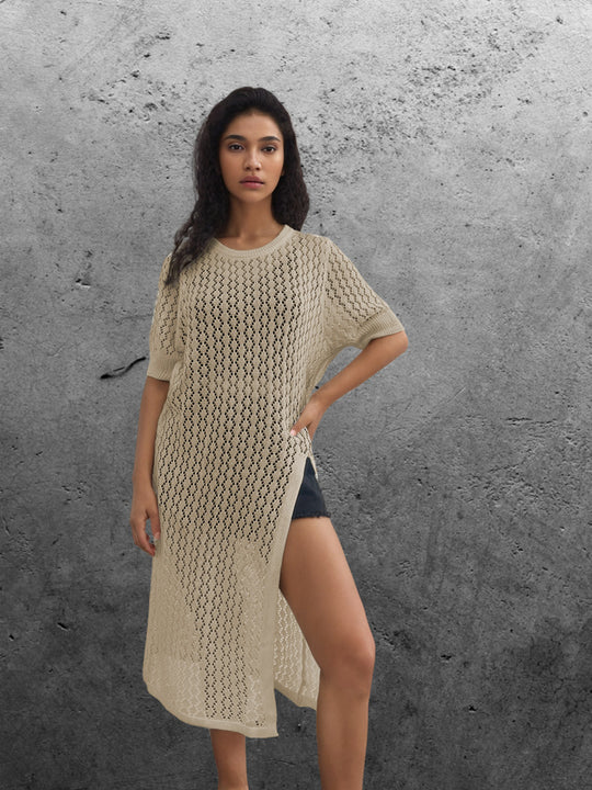 Damen Langer Strick-Kimono mit offenem Design und atmungsaktiver Maschenstruktur R&B