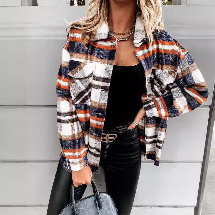 Damen Karo-Hemdenjacke im Oversized-Stil mit Druckknopfverschluss R&B