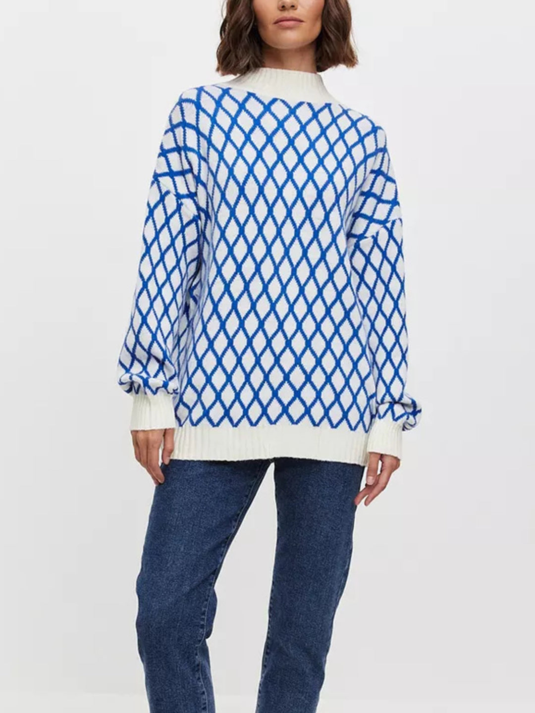 Damen lässiger Pullover mit modernem Rautenmuster und lässigem Schnitt R&B