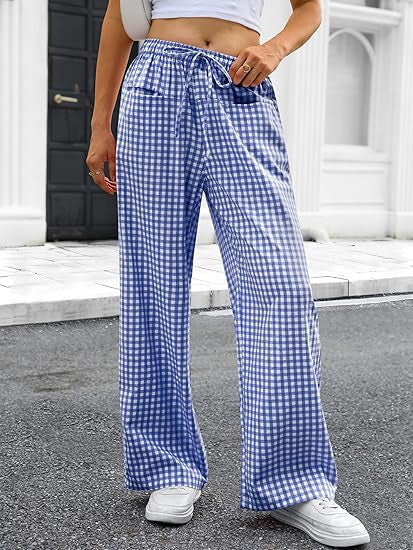 Damen Weit geschnittene Karohose mit elastischem Bund und praktischen Taschen R&B
