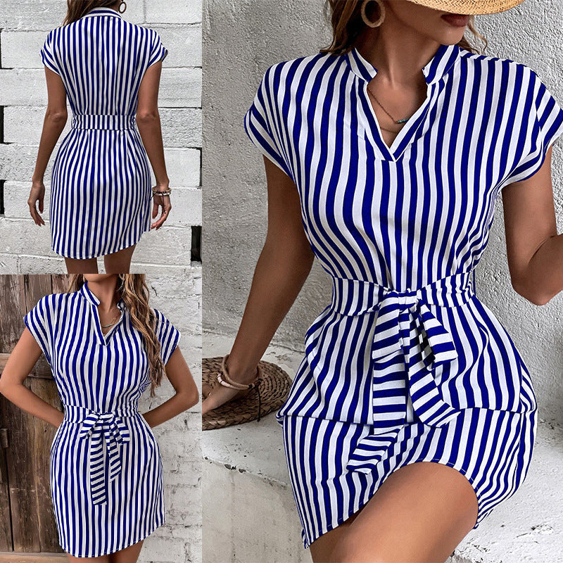 Damen Hemdkleid mit schickem Streifenmuster und Taillengürtel R&B