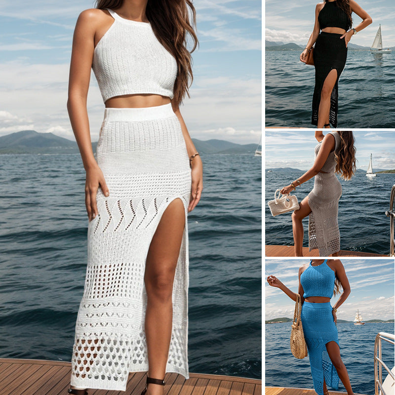 Damen gehäkeltes Maxi-Rock-Outfit mit femininen Schlitzdetails und cropped Oberteil R&B
