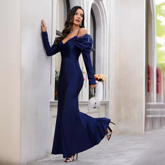 Damen Elegantes Maxikleid mit Steckkragen und schulterfreiem Design R&B