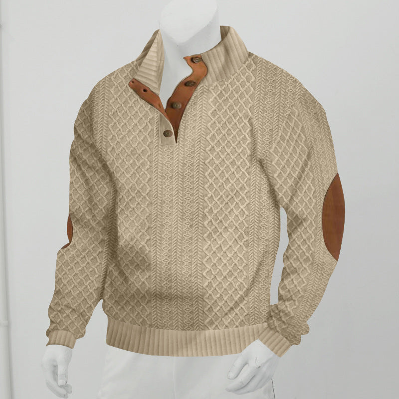 Herren nan grober Zopfstrick Troyer mit Knopfleiste und Veloursleder-Ellenbogenpatches R&B