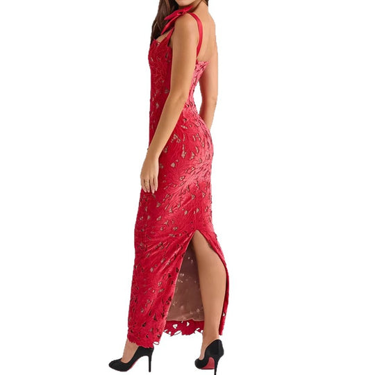 Damen nan figurbetontes bodenlanges Spitzenabendkleid in Säulenform mit Zierschleifen-Trägern R&B
