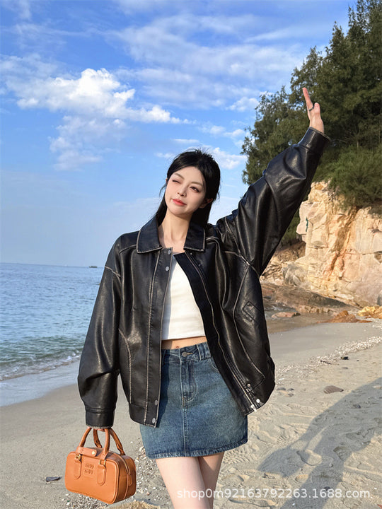 R&B | Lockere Pu-Motorrad Bomberjacke