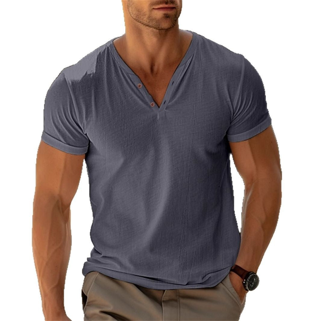 Herren nan tailliertes Henley-T-Shirt mit V-Ausschnitt kurzer Knopfleiste und krempelbaren Ärmeln R&B