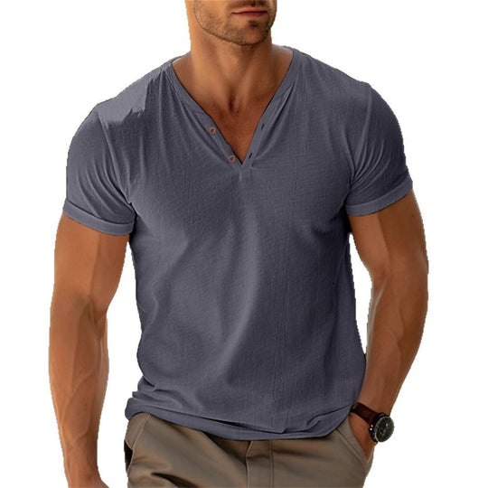 Herren nan tailliertes Henley-T-Shirt mit V-Ausschnitt kurzer Knopfleiste und krempelbaren Ärmeln R&B