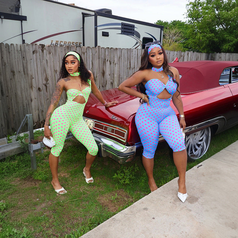 Damen Figurbetonter Jumpsuit mit Cut-Outs und Punkten R&B