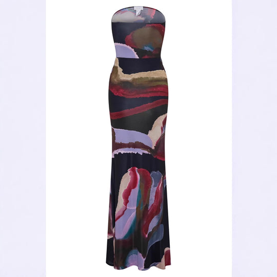 Damen Strapless Maxikleid mit fließendem Stoff und kunstvollem Druck R&B