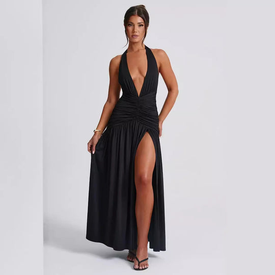 Damen Maxikleid mit tiefem V-Ausschnitt und Rüschen R&B