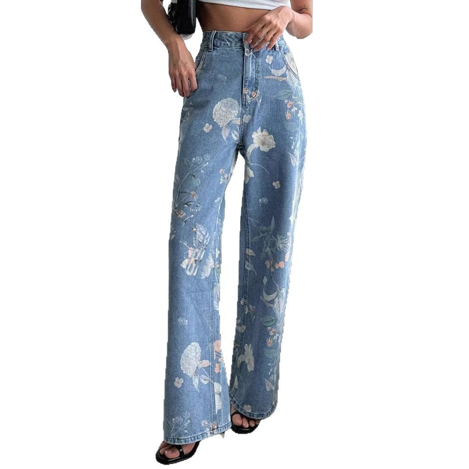 Damen Weite Denim-Hose mit floralem Muster und hohem Bund R&B