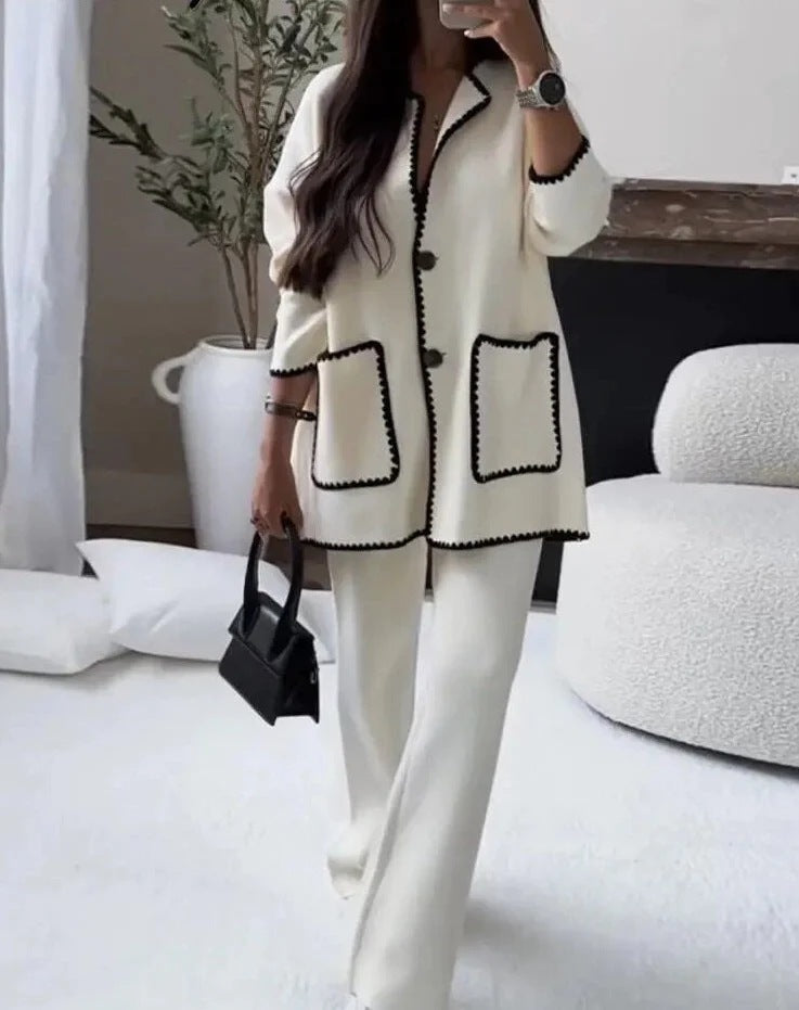Damen elegantes Strickblazer-Set mit kontrastierenden Details R&B