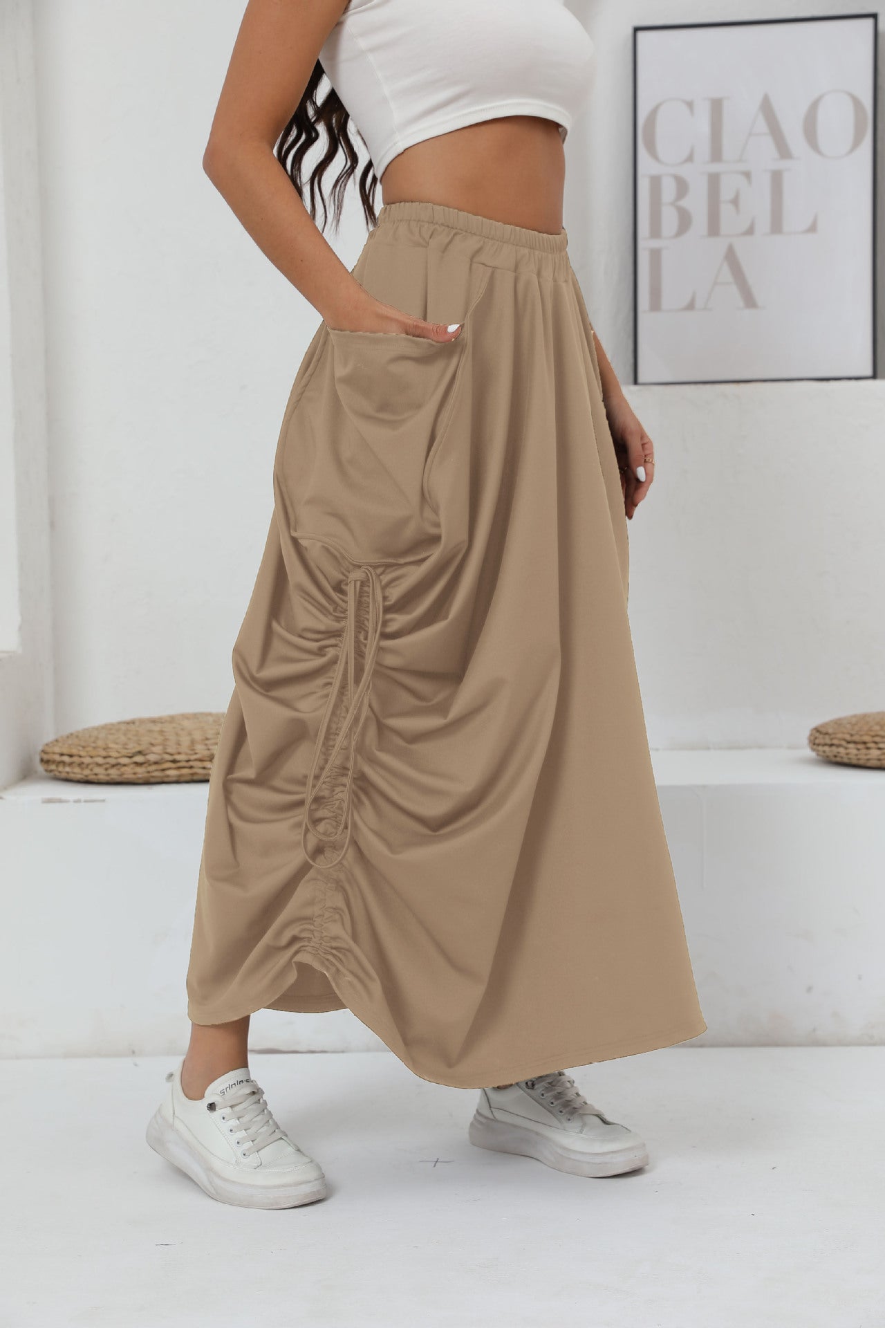 Damen Maxirock mit seitlichen Raffungen und praktischen Taschen