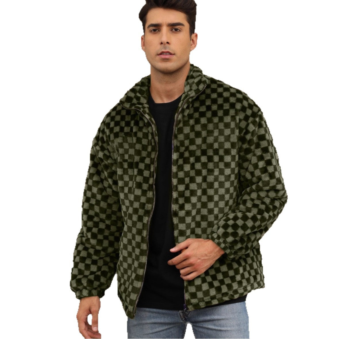 Herren Plüschjacke mit Karo-Muster und hohem Kragen R&B