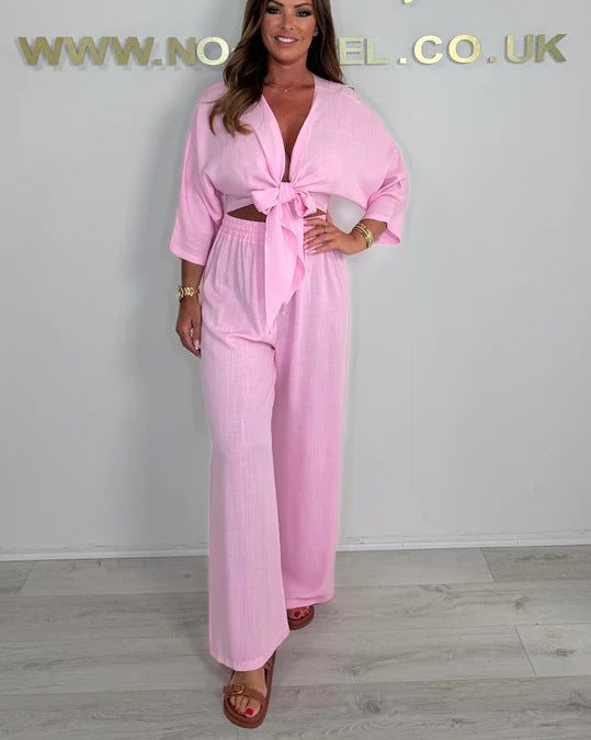 Damen Eleganter Jumpsuit mit verspieltem Knoten und weit geschnittenen Beinen R&B