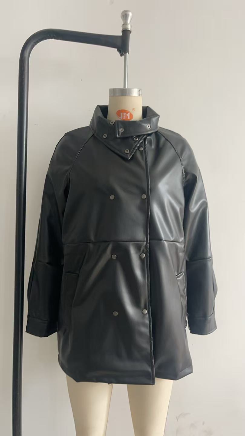 Damen Modische Kunstlederjacke mit hohen Kragen und praktischen Taschen R&B