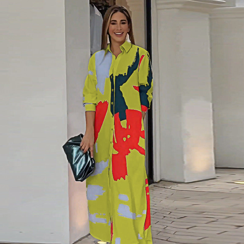 Damen Langarm Hemdkleid im modernen Grafikdesign mit Taschen R&B