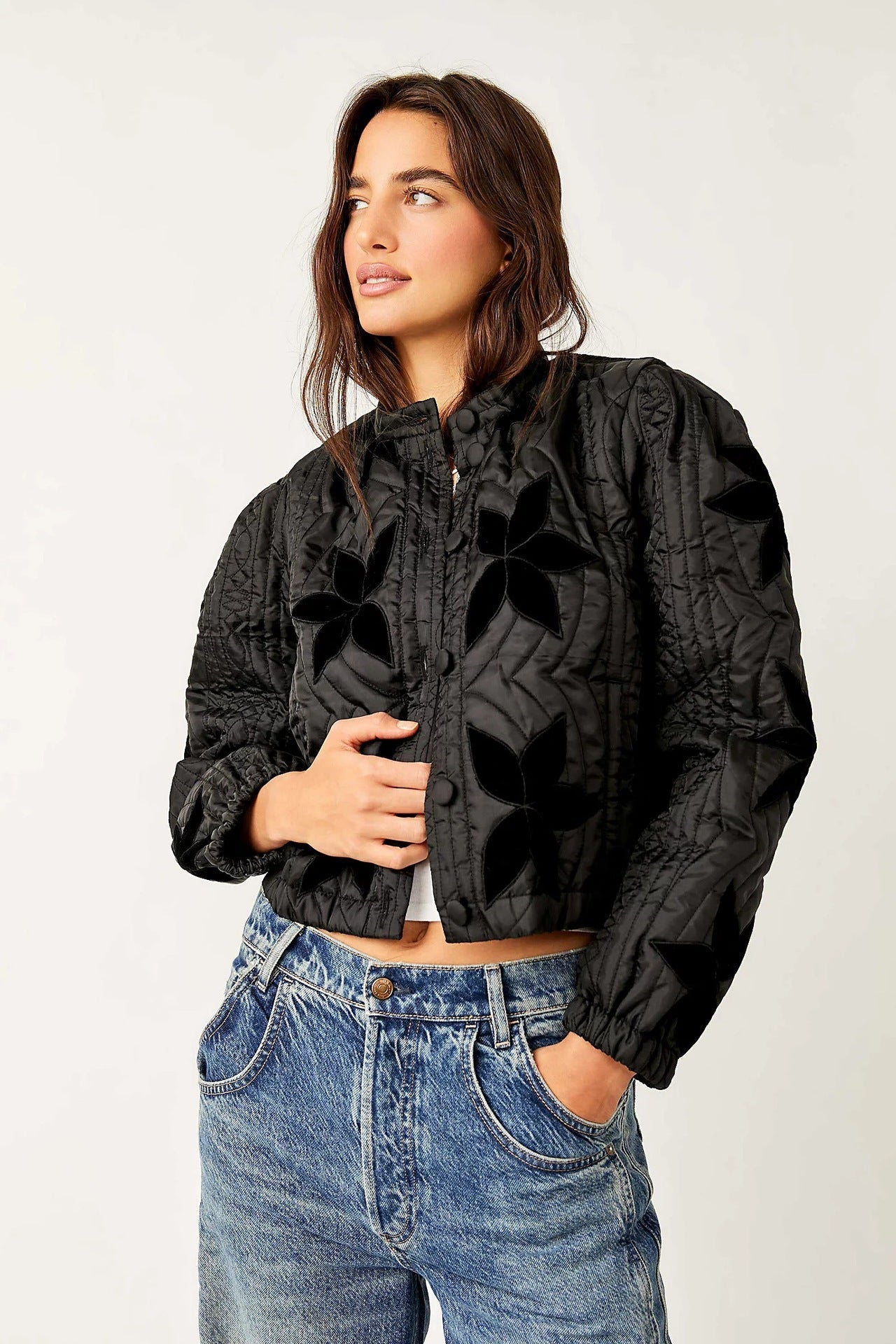 Damen gesteppte Bomberjacke mit floralem Design und elastischen Bündchen R&B