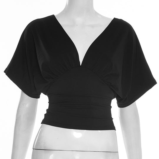 Damen elegantes Wickeloberteil mit voluminösenÄrmeln und tiefem V-Ausschnitt R&B