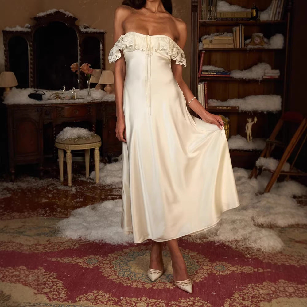 Damen Elegantes bodenlanges Kleid mit Spitzenbesatz R&B