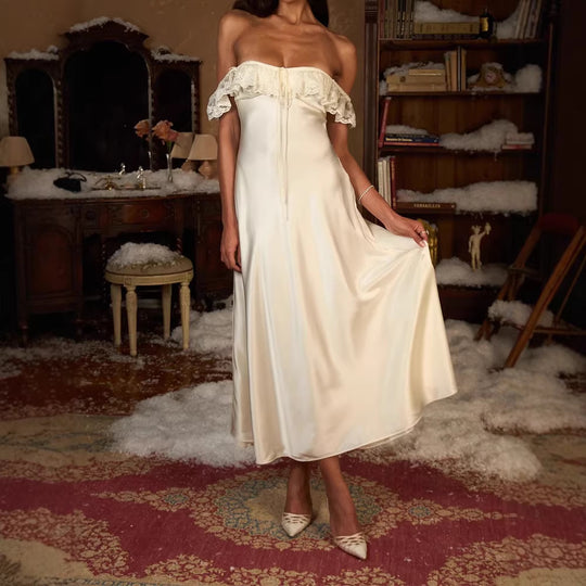 Damen Elegantes bodenlanges Kleid mit Spitzenbesatz R&B