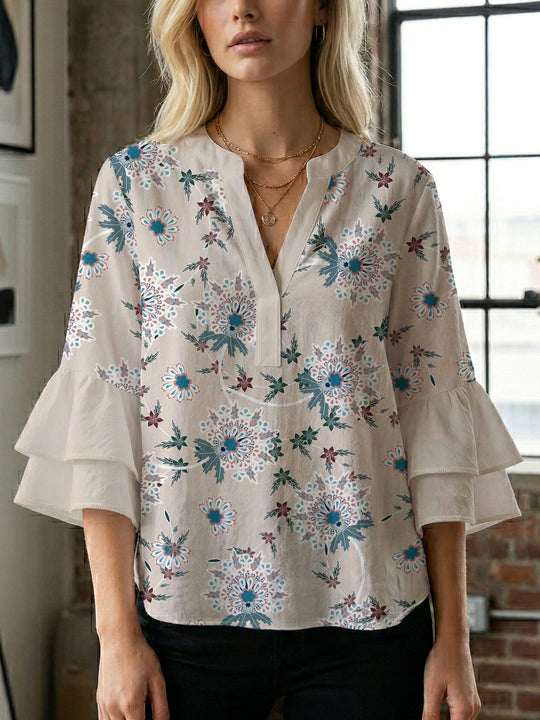 Damen Bluse mit voluminösen Ärmeln und floralem Design R&B