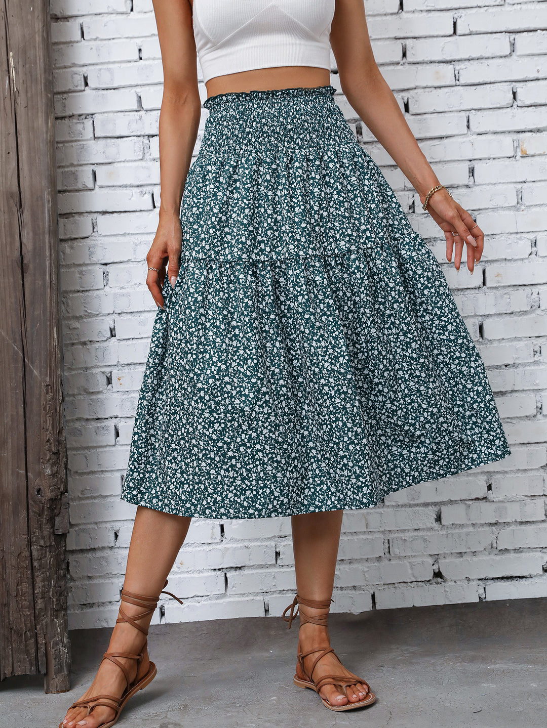 Damen Langer Rock mit floralem Print und elastischem Bund Heidi Mode