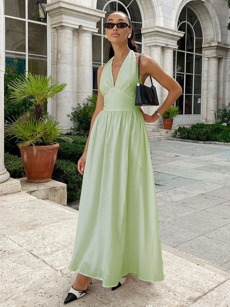 Damen Maxikleid mit tieferem V-Ausschnitt und fließendem Rock R&B
