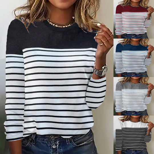 Damen Lässiges Rundhals Longsleeve mit Streifenmuster R&B