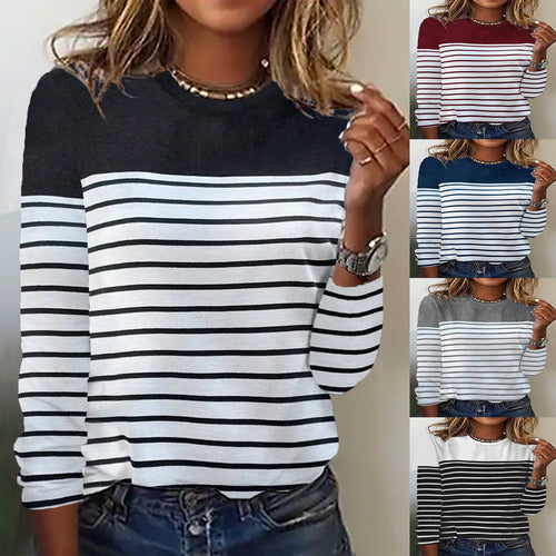 Damen Lässiges Rundhals Longsleeve mit Streifenmuster R&B