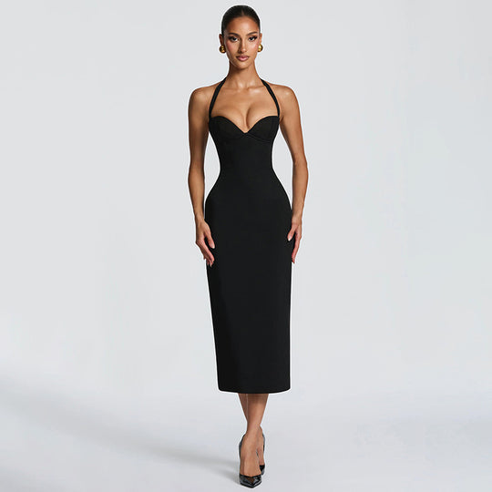 Damen Figurbetontes Midi-Kleid mit Herzausschnitt und verstellbaren Trägern R&B