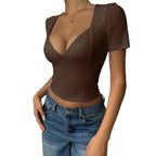 Damen Oberteil mit tiefem V-Ausschnitt und figurbetonter Silhouette R&B