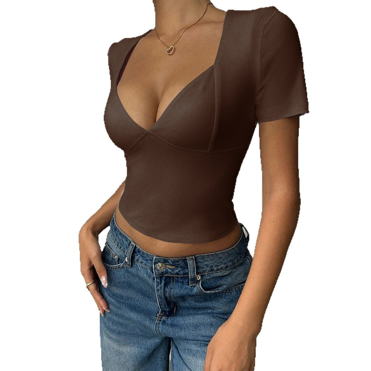Damen Oberteil mit tiefem V-Ausschnitt und figurbetonter Silhouette R&B