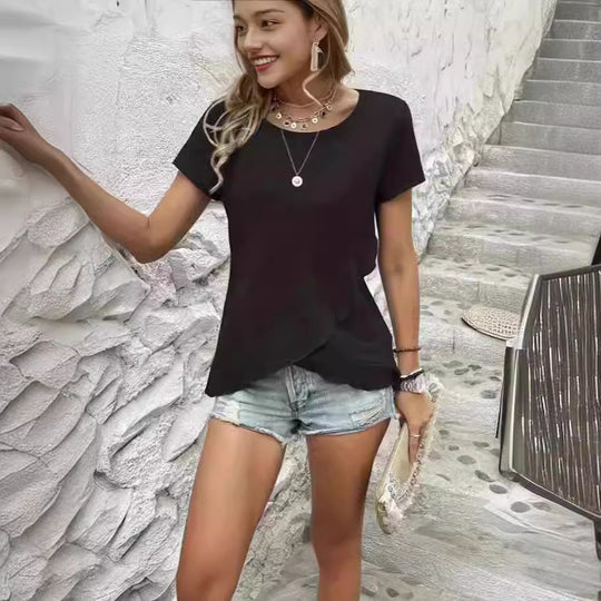 Damen lässiges asymmetrisches T-Shirt mit Rundhalsausschnitt und Raffung R&B