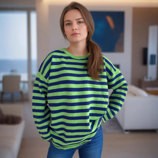 Damen lässiger Oversize-Pullover mit breiten Streifen R&B