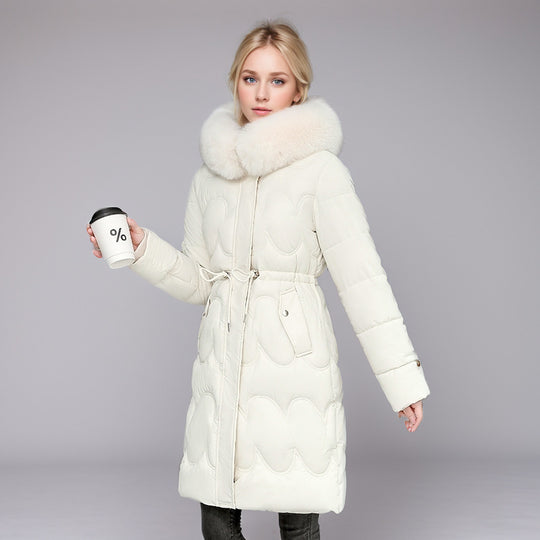 Damen modischer Puffer-Mantel mit abnehmbarem Kunstfellkragen und taillierbarem Gummizug R&B