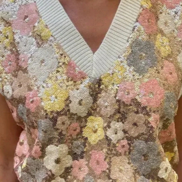 Damen Glamouröses Strickoberteil mit Blumenapplikationen und funkelnden Pailletten R&B