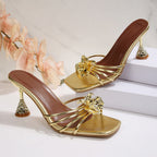 Damen elegante Slingback-Pantoletten mit floralem Design und funkelndem Absatz R&B