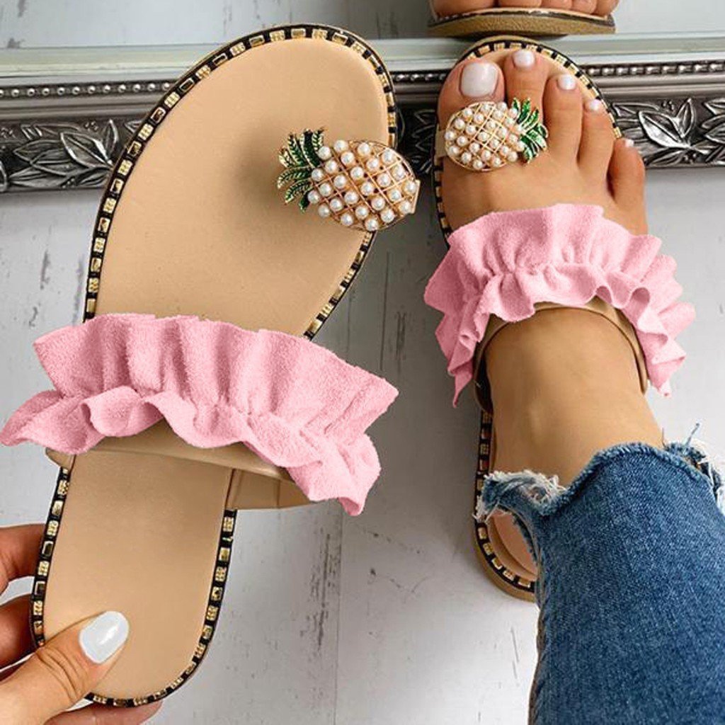 Damen Riemchen-Sandalen mit dekorativem Rüschendetail und Perlenschmuck R&B
