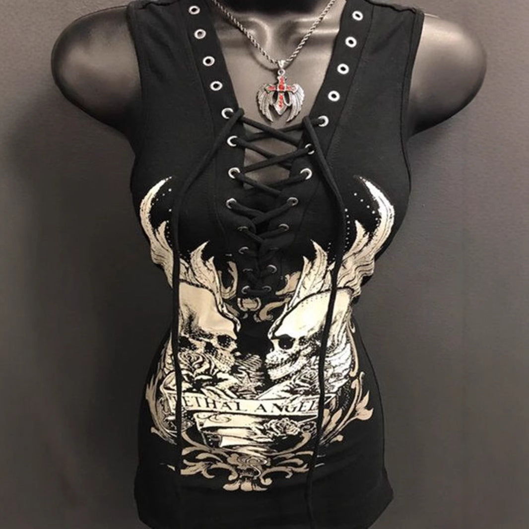 Damen Rockabilly Kleid mit Schnüroptik und grafischem Print R&B