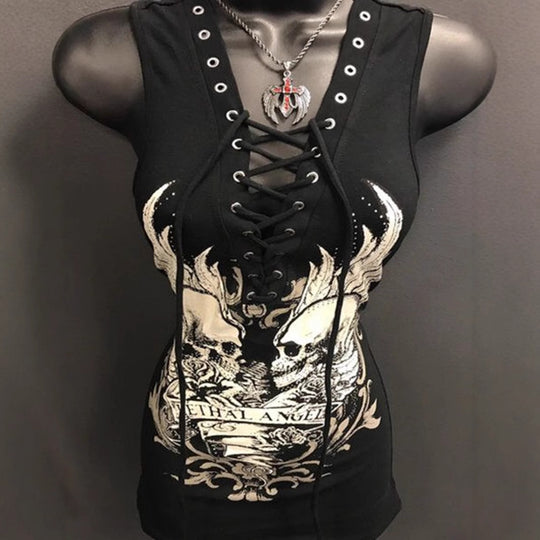 Damen Rockabilly Kleid mit Schnüroptik und grafischem Print R&B