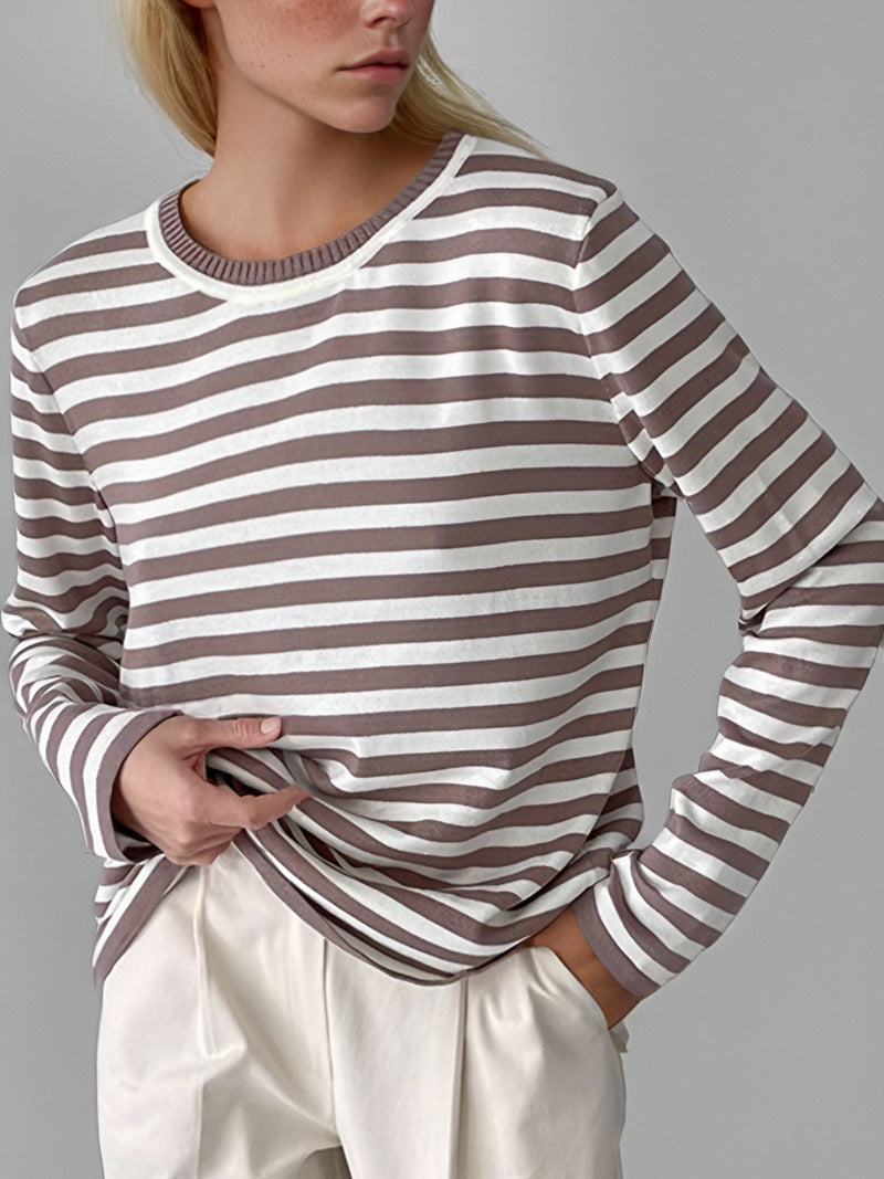 Damen gestreifter Langarmpullover mit Rundhalsausschnitt und lässigem Schnitt R&B